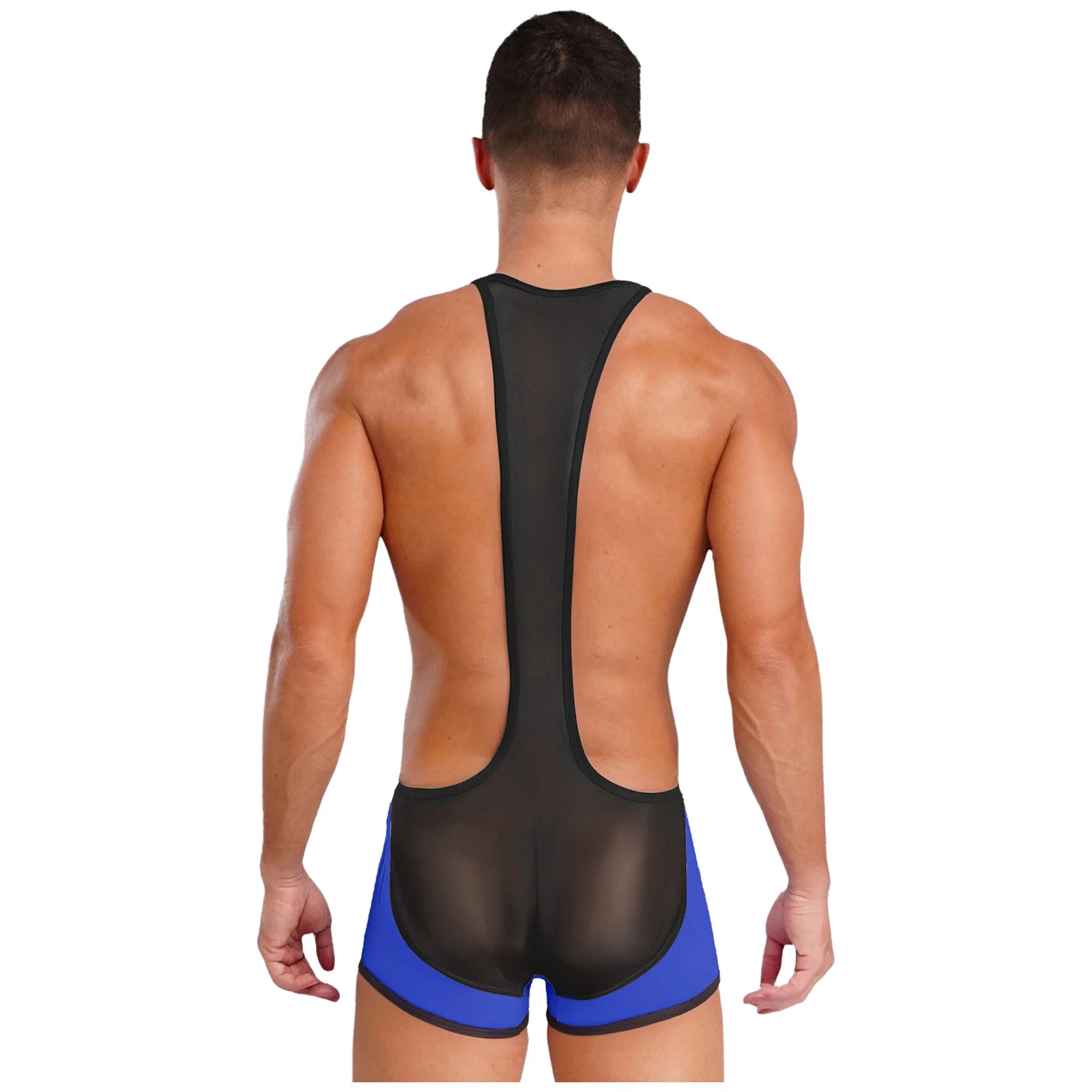 a sexy man in royal blue Men’s Glimpse Cutout Mesh Singlet – pridevoyageshop.com – gay men’s harness, lingerie and fetish wear