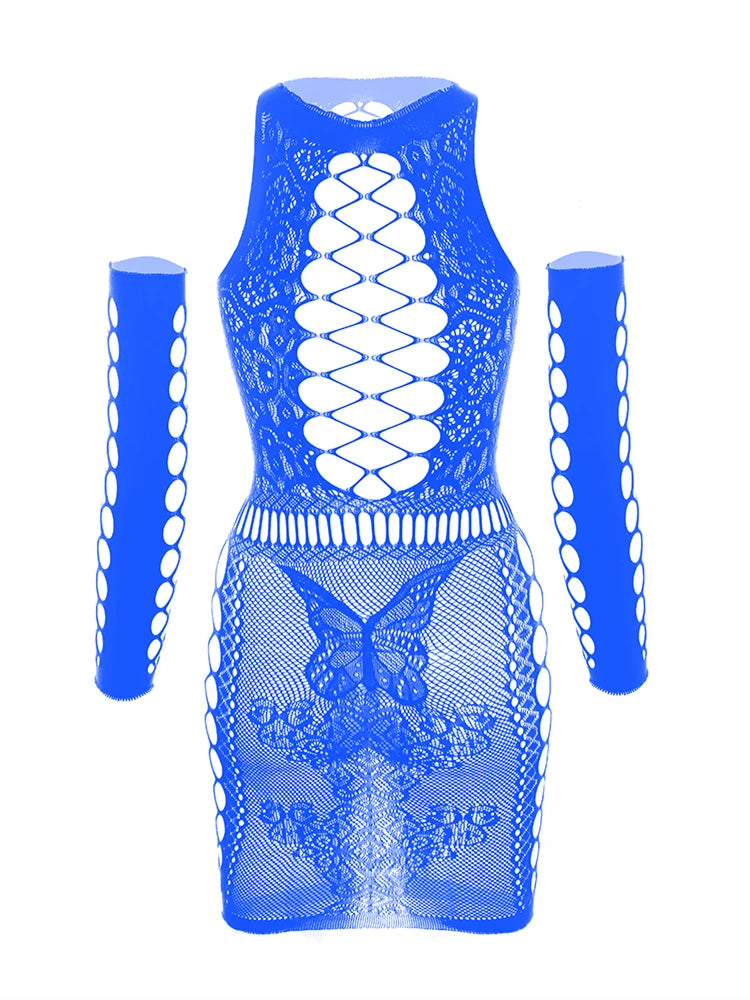 a sexy man in royal blue butterfly lace corset set with garter straps and thong, bold lace wings shaping chest – pridevoyageshop.com – gay men’s harness, lingerie and fetish wear