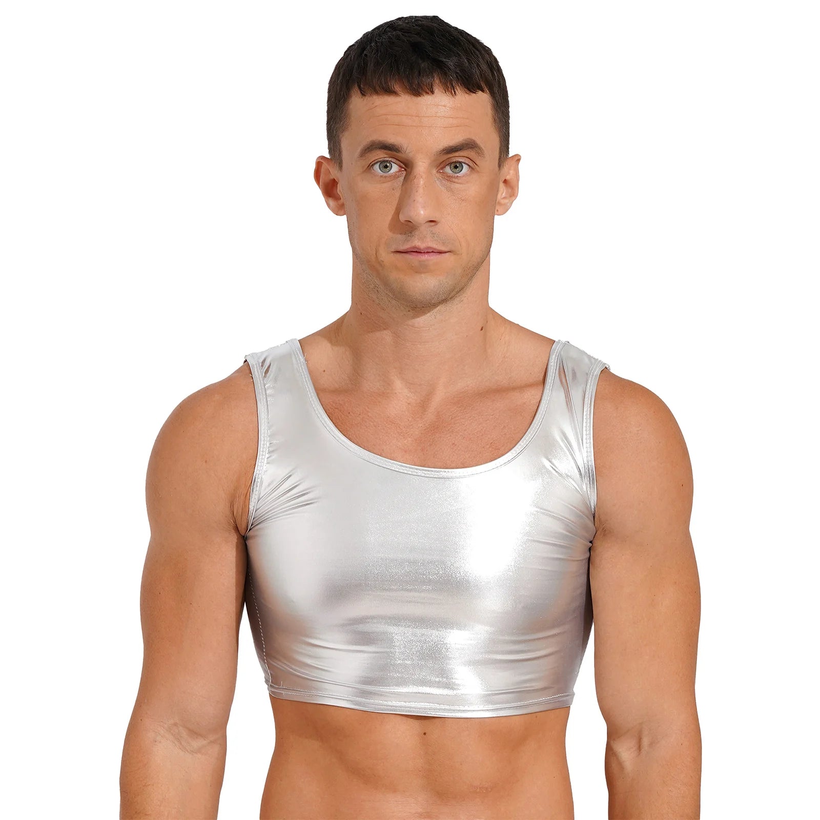 a sexy man in silver Liquid Mercury Micro Metallic Vest - pridevoyageshop.com - gay men’s harness, lingerie and fetish wear