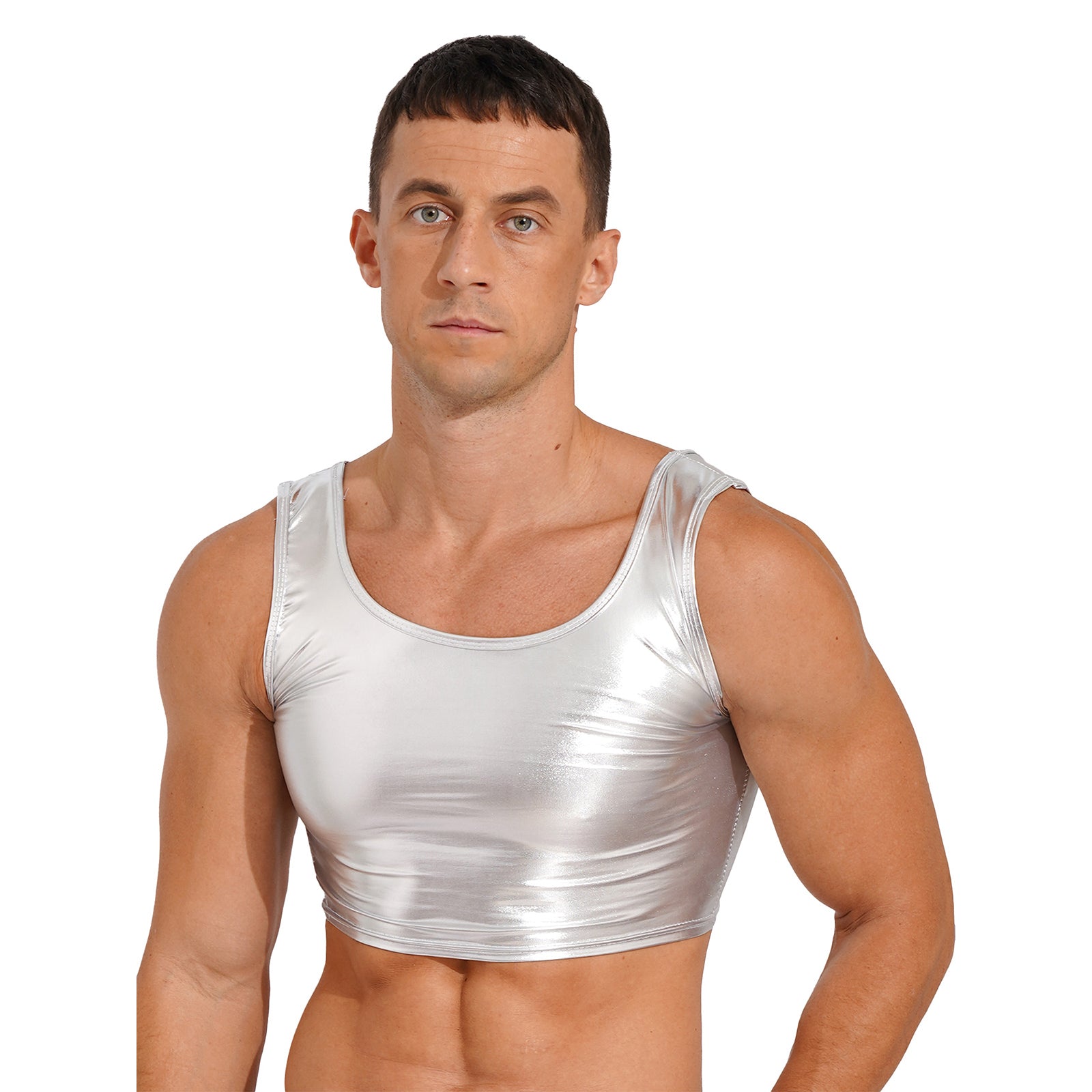 a sexy man in silver Liquid Mercury Micro Metallic Vest - pridevoyageshop.com - gay men’s harness, lingerie and fetish wear