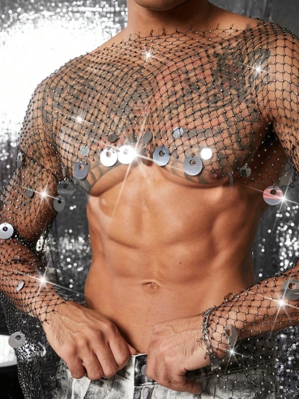 a sexy man in silver Men’s Glimmer Shatter Mesh Bolero – pridevoyageshop.com – gay men’s harness, lingerie and fetish wear