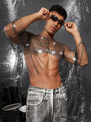 a sexy man in silver Men’s Glimmer Shatter Mesh Bolero – pridevoyageshop.com – gay men’s harness, lingerie and fetish wear