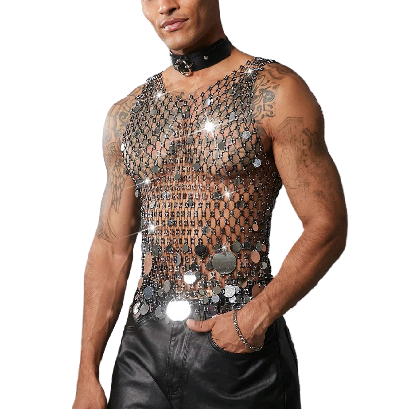 a sexy man in silver coinmail tank with metal discs draping over chest, showing sculpted torso and chain-style shimmer – pridevoyageshop.com – gay men’s harness, lingerie and fetish wear
