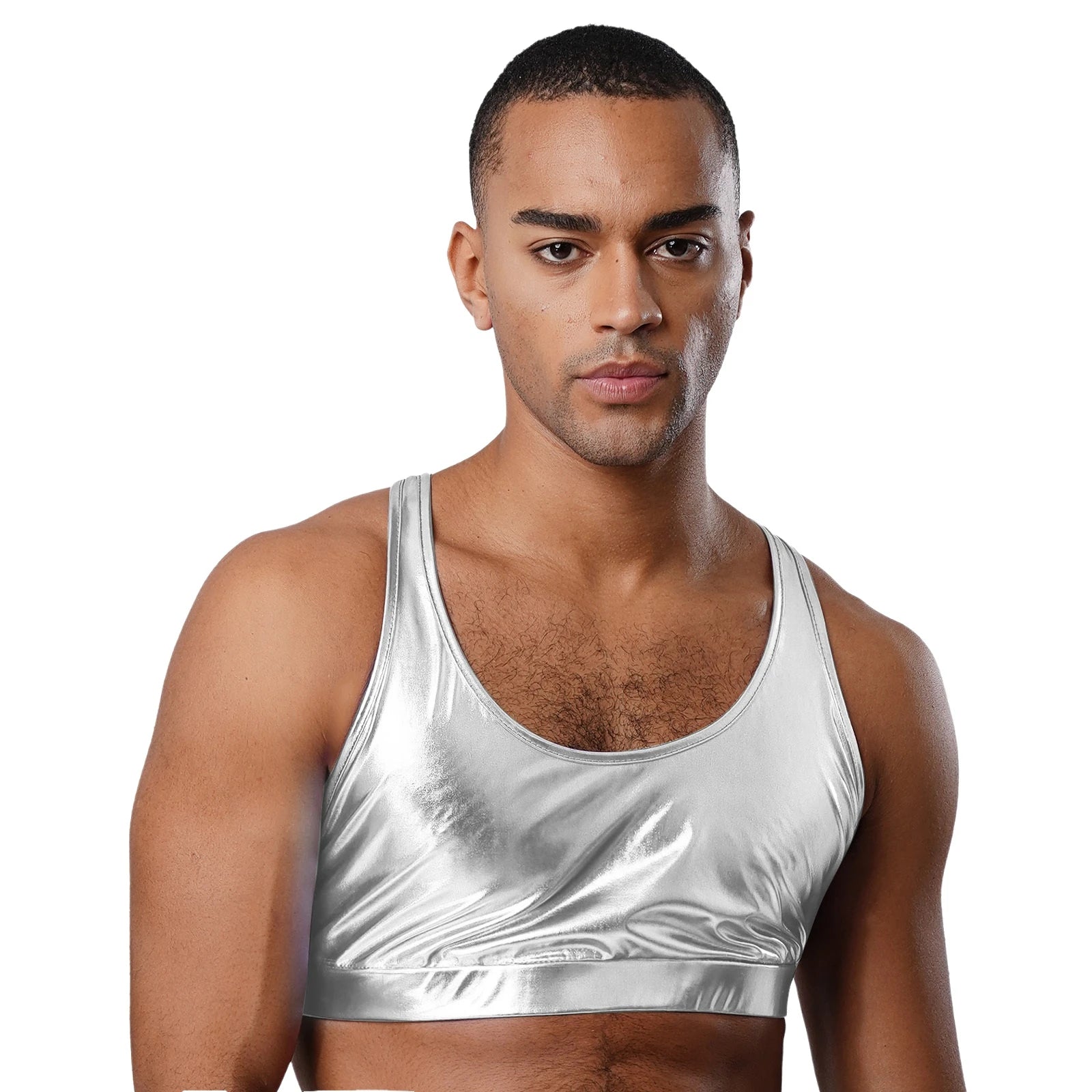 a sexy man in silver metallic harness-back crop top, chrome finish, defined chest, sexy club and fetish look – pridevoyageshop.com – gay men’s harness, lingerie and fetish wear