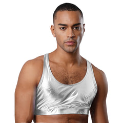 a sexy man in silver metallic harness-back crop top, chrome finish, defined chest, sexy club and fetish look – pridevoyageshop.com – gay men’s harness, lingerie and fetish wear