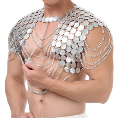 a sexy man in silvery Men’s Discotheque Armor Chain Harness – pridevoyageshop.com – gay men’s harness, lingerie and fetish wear