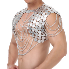 a sexy man in silvery Men’s Discotheque Armor Chain Harness – pridevoyageshop.com – gay men’s harness, lingerie and fetish wear