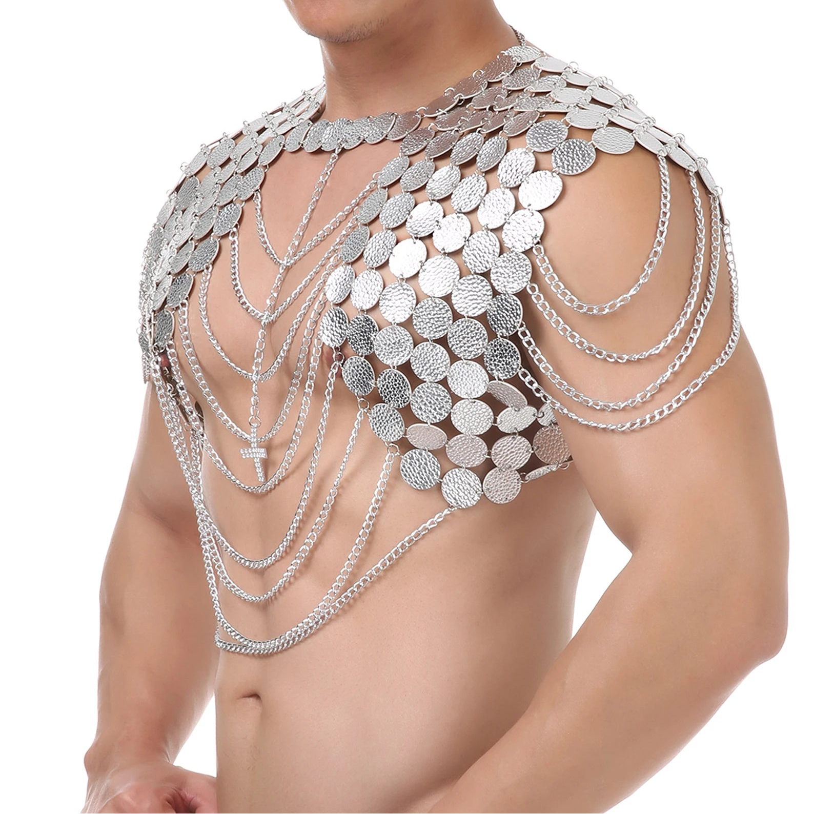 a sexy man in silvery Men’s Discotheque Armor Chain Harness – pridevoyageshop.com – gay men’s harness, lingerie and fetish wear
