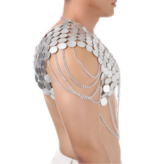 a sexy man in silvery Men’s Discotheque Armor Chain Harness – pridevoyageshop.com – gay men’s harness, lingerie and fetish wear