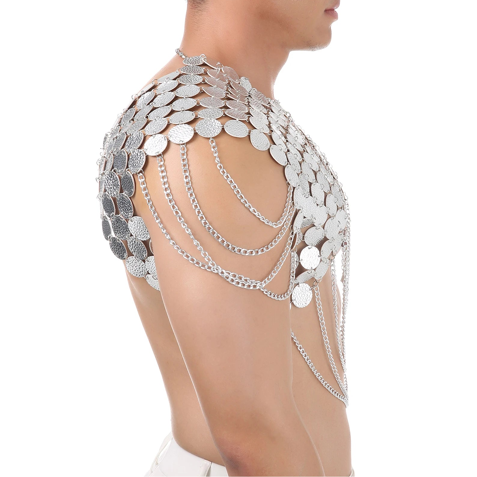 a sexy man in silvery Men’s Discotheque Armor Chain Harness – pridevoyageshop.com – gay men’s harness, lingerie and fetish wear