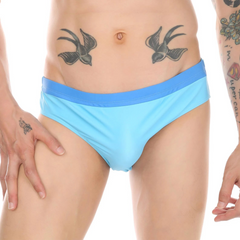 a sexy man in sky blue Men’s Backdoor Signal Swim Briefs - pridevoyageshop.com - gay men’s sexy swim briefs, trunks, board shorts, and bikinis
