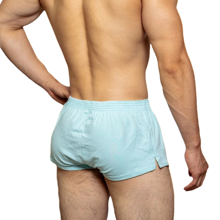 a sexy man in sky blue Men’s Hunt Mode Low-Rise Gym Shorts – pridevoyageshop.com – gay men’s sexy swim briefs, trunks, board shorts, and bikinis