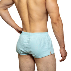 a sexy man in sky blue Men’s Hunt Mode Low-Rise Gym Shorts – pridevoyageshop.com – gay men’s sexy swim briefs, trunks, board shorts, and bikinis