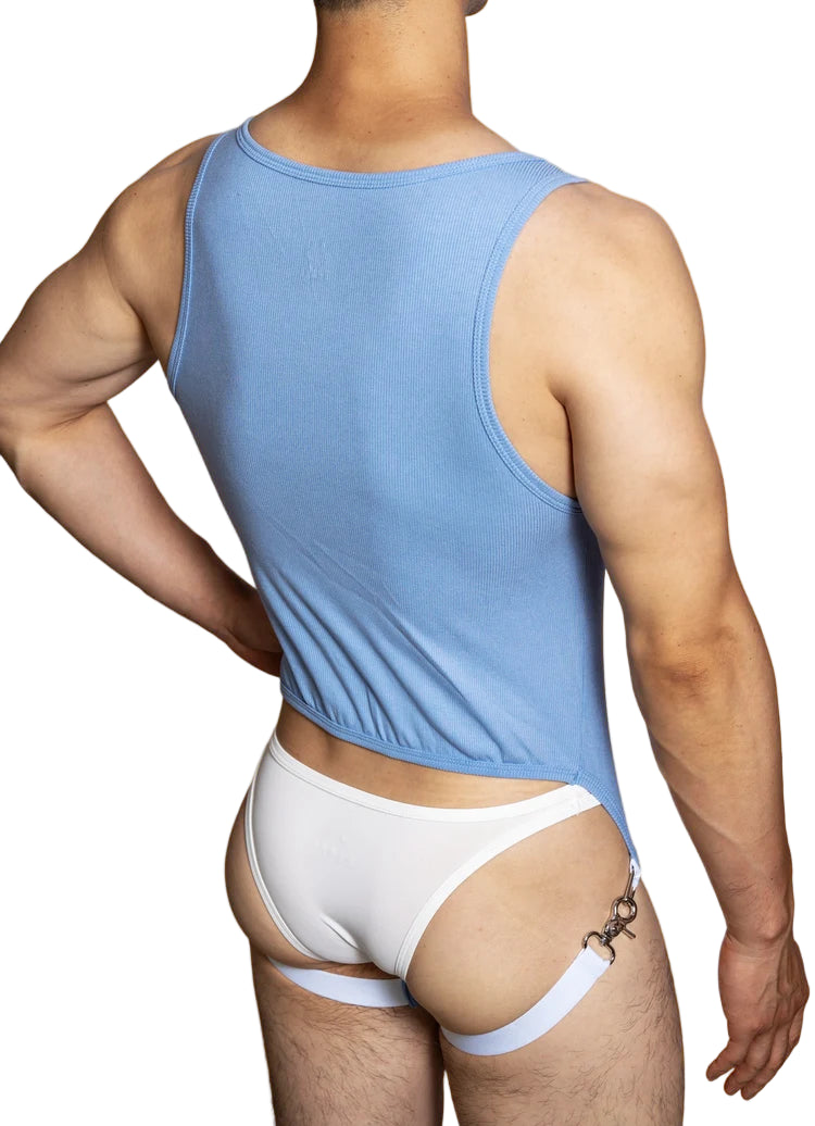 a sexy man in sky blue The Label Jock-Back Bodysuit – pridevoyageshop.com – gay men’s harness, lingerie and fetish wear