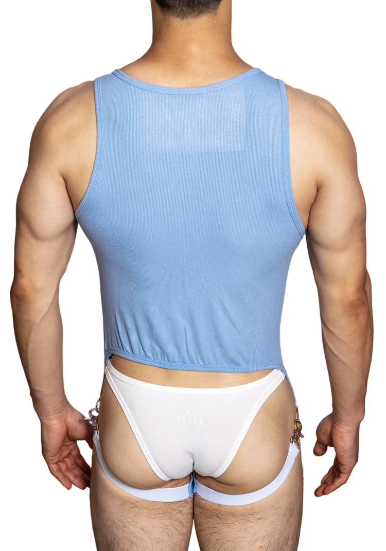 a sexy man in sky blue The Label Jock-Back Bodysuit – pridevoyageshop.com – gay men’s harness, lingerie and fetish wear