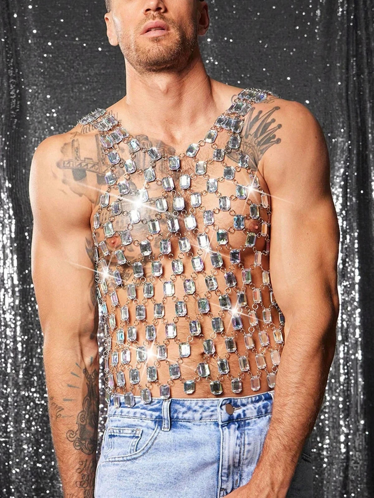 a sexy man in top Men’s Diamond Starlight Chain Tank – pridevoyageshop.com – gay men’s harness, lingerie and fetish wear