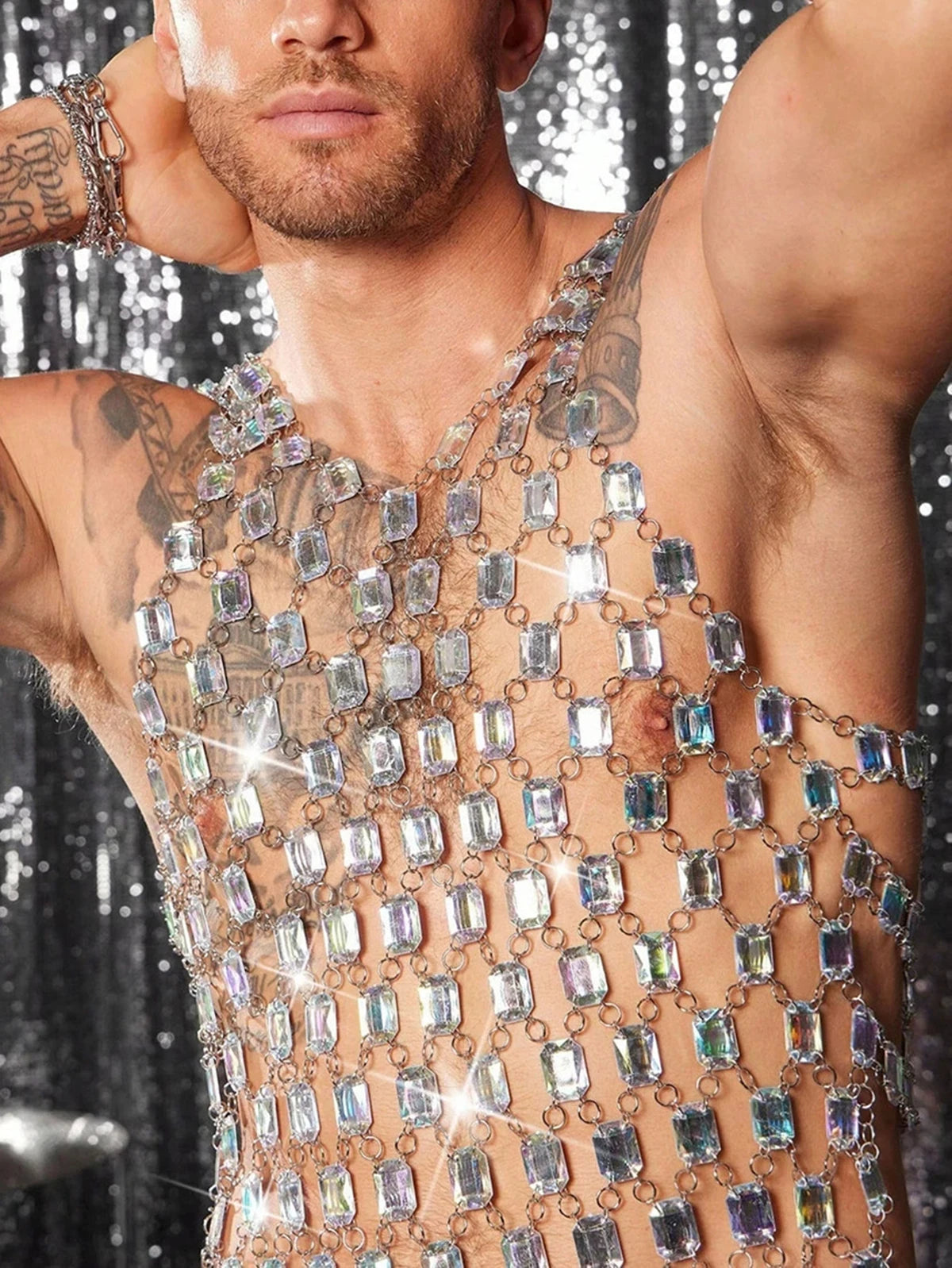 a sexy man in top Men’s Diamond Starlight Chain Tank – pridevoyageshop.com – gay men’s harness, lingerie and fetish wear
