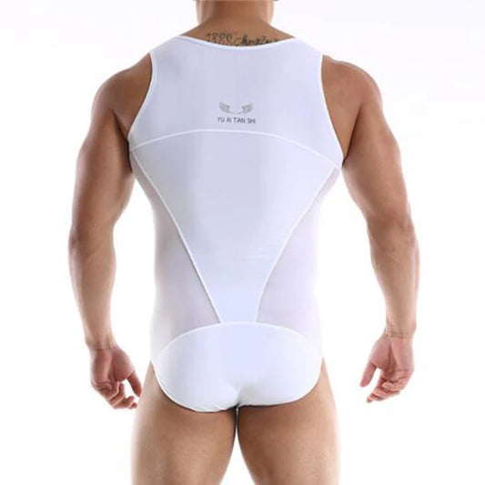 a sexy man in white Adonis V-Contour Mesh Singlet, sheer body-hugging fabric, defined V-contour chest lines, clean sexy gym-kink styling – pridevoyageshop.com – gay men’s harness, lingerie and fetish wear