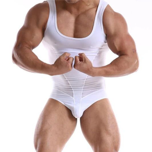 a sexy man in white Adonis V-Contour Mesh Singlet, sheer body-hugging fabric, defined V-contour chest lines, clean sexy gym-kink styling – pridevoyageshop.com – gay men’s harness, lingerie and fetish wear