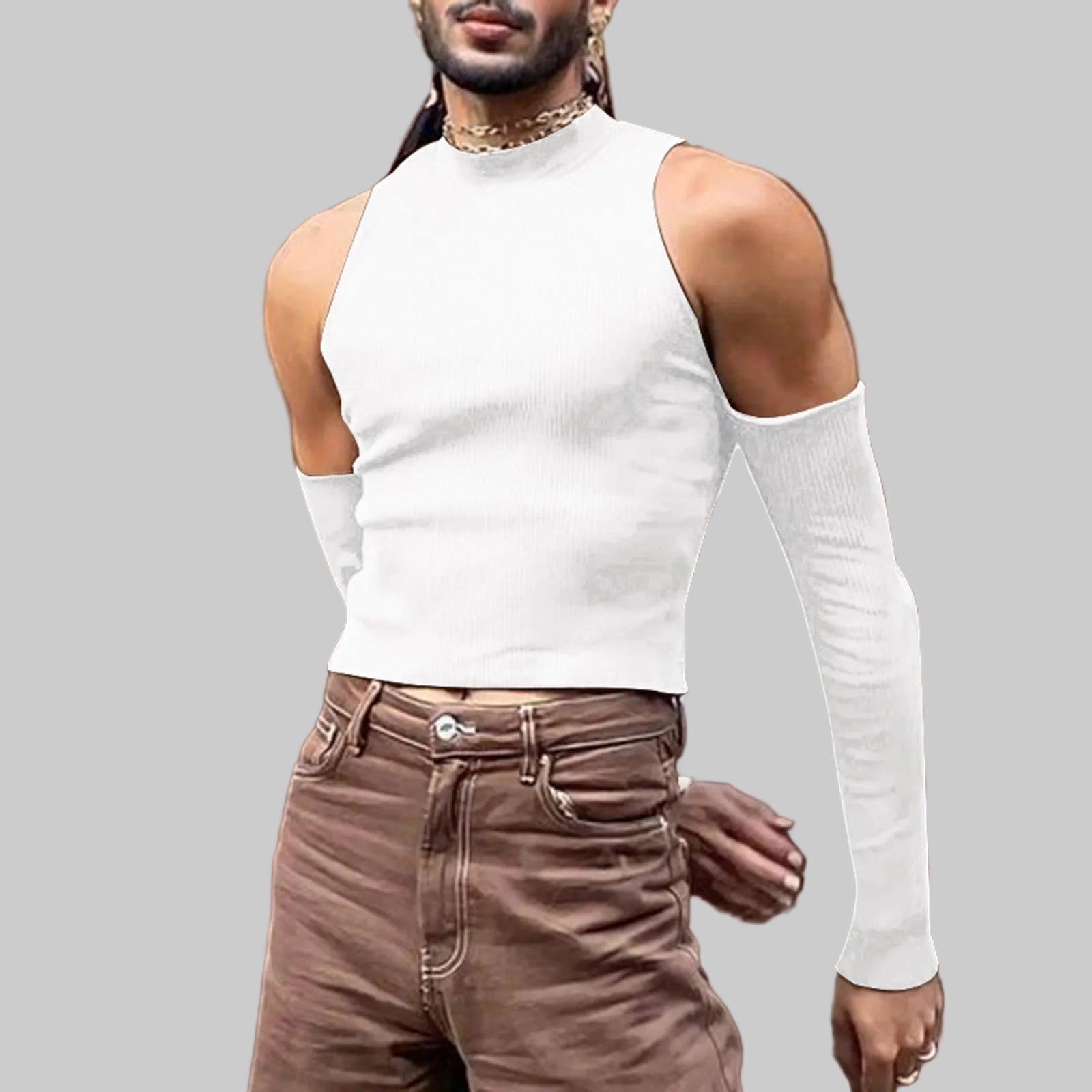 a sexy man in white Archive Crush Shoulderless Rib Top - pridevoyageshop.com - gay men’s harness, lingerie and fetish wear
