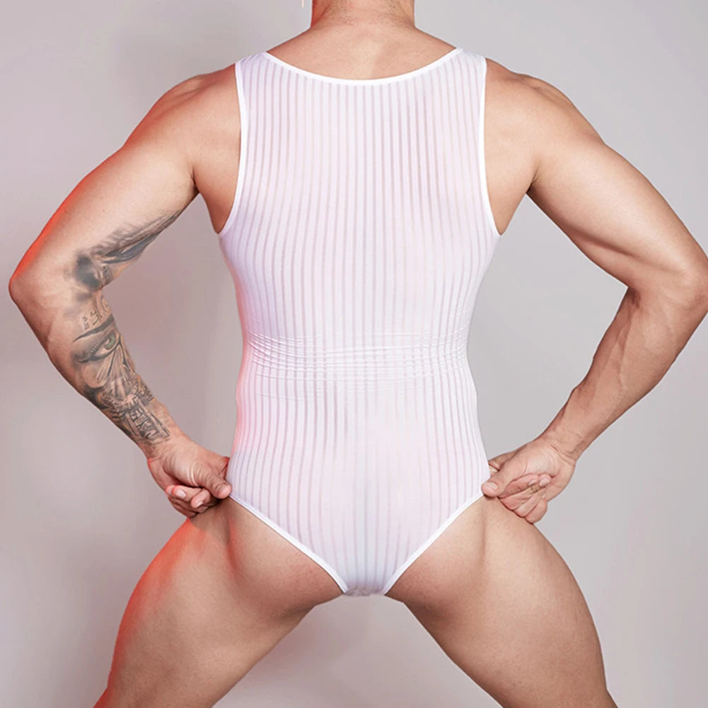 a sexy man in white Bar Code Sheer Tank Bodysuit – pridevoyageshop.com – gay men’s harness, lingerie and fetish wear