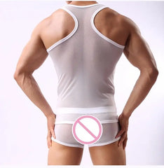 a sexy man in white Bois Veil Sheer Tank – pridevoyageshopcom – gay mens clubwear mesh tanks crop tops fashion tops partywear activewear