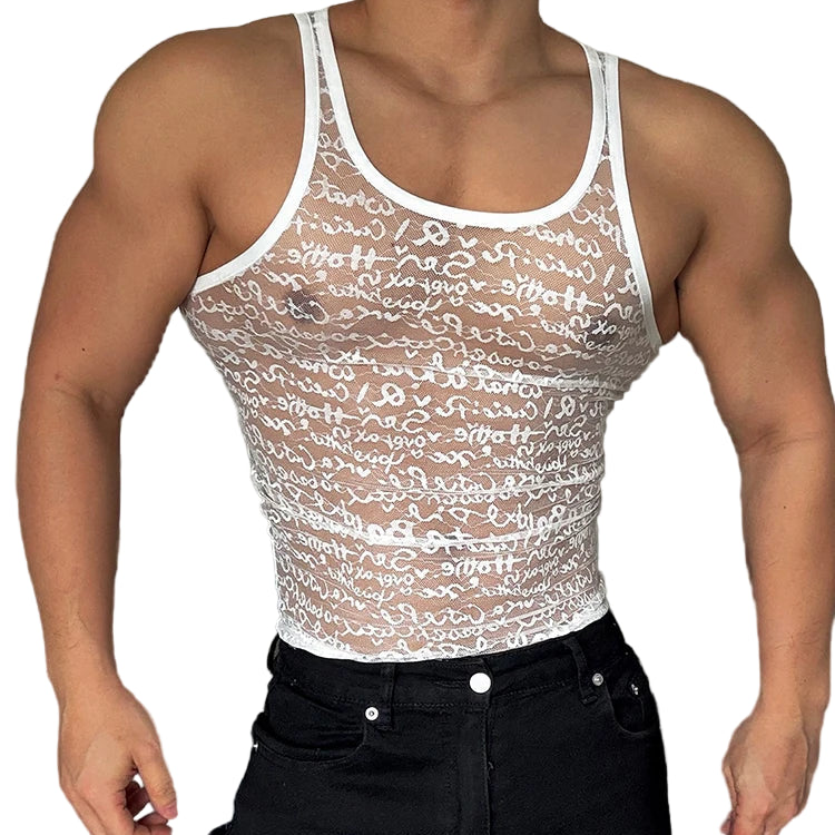 a sexy man in white Boys Story Mesh Tank – pridevoyageshopcom – gay mens clubwear mesh tanks crop tops fashion tops partywear activewear