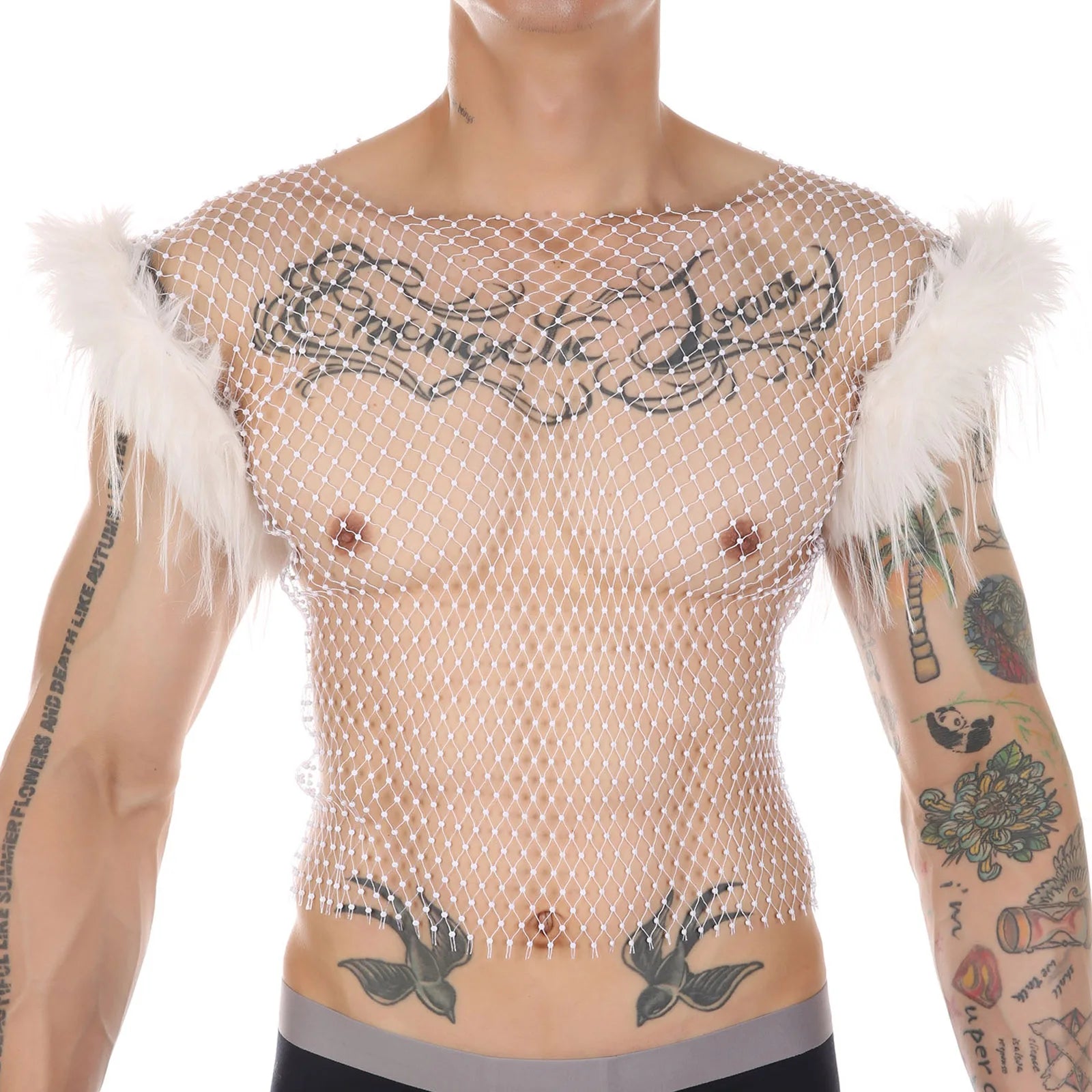 a sexy man in white Cherub Wing Feather Mesh Tank - pridevoyageshop.com - gay men’s harness, lingerie and fetish wear