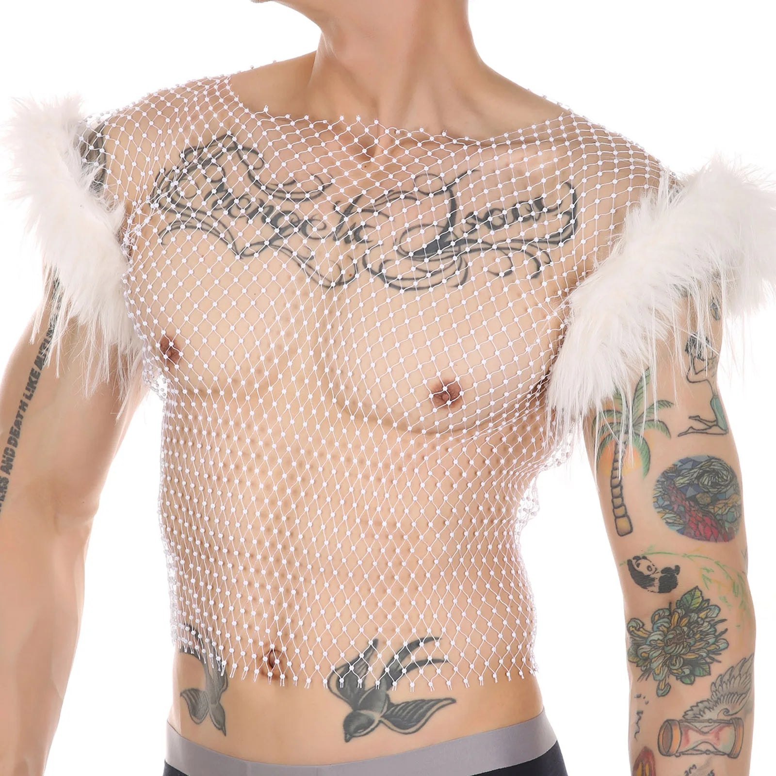 a sexy man in white Cherub Wing Feather Mesh Tank - pridevoyageshop.com - gay men’s harness, lingerie and fetish wear