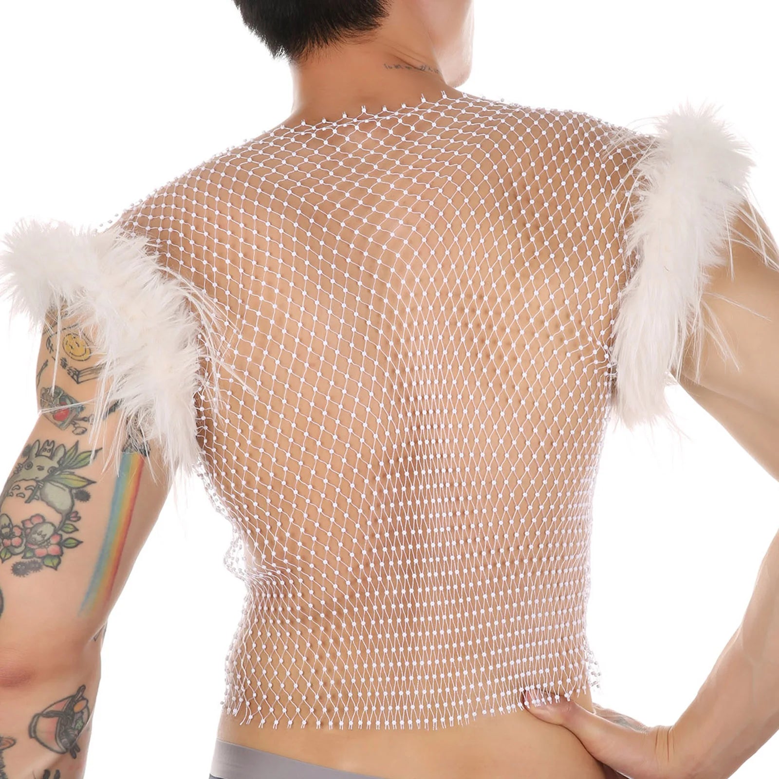 a sexy man in white Cherub Wing Feather Mesh Tank - pridevoyageshop.com - gay men’s harness, lingerie and fetish wear