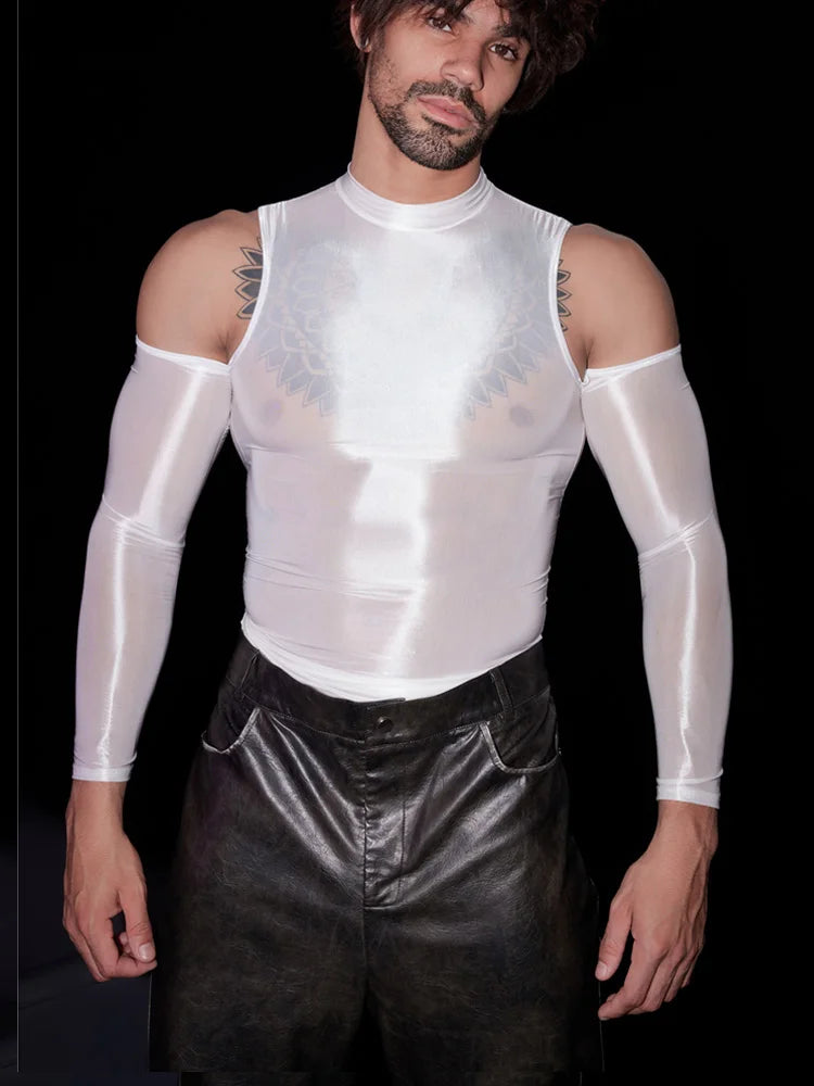 a sexy man in white Cold-Shoulder Servo Liquid Metal Top - pridevoyageshop.com - gay men’s harness, lingerie and fetish wear