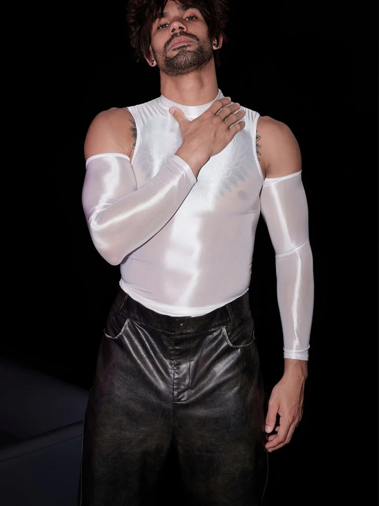 a sexy man in white Cold-Shoulder Servo Liquid Metal Top - pridevoyageshop.com - gay men’s harness, lingerie and fetish wear