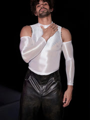 a sexy man in white Cold-Shoulder Servo Liquid Metal Top - pridevoyageshop.com - gay men’s harness, lingerie and fetish wear