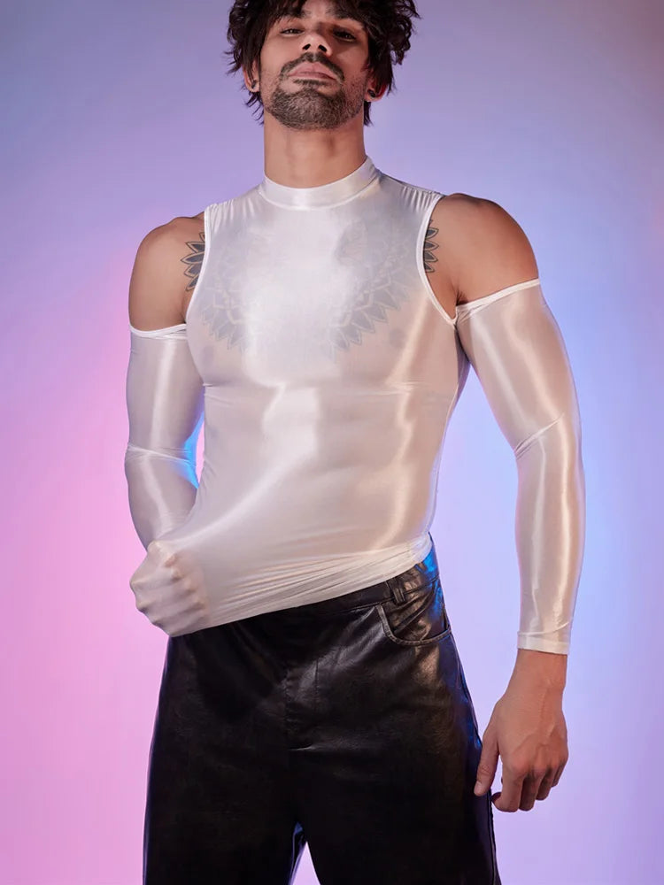 a sexy man in white Cold-Shoulder Servo Liquid Metal Top - pridevoyageshop.com - gay men’s harness, lingerie and fetish wear