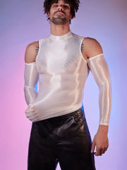 a sexy man in white Cold-Shoulder Servo Liquid Metal Top - pridevoyageshop.com - gay men’s harness, lingerie and fetish wear