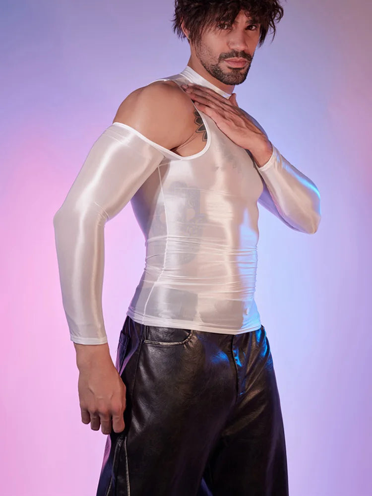 a sexy man in white Cold-Shoulder Servo Liquid Metal Top - pridevoyageshop.com - gay men’s harness, lingerie and fetish wear
