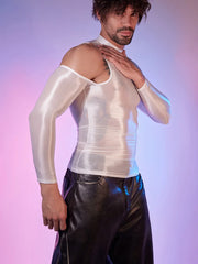 a sexy man in white Cold-Shoulder Servo Liquid Metal Top - pridevoyageshop.com - gay men’s harness, lingerie and fetish wear
