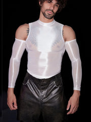 a sexy man in white Cold-Shoulder Servo Liquid Metal Top - pridevoyageshop.com - gay men’s harness, lingerie and fetish wear