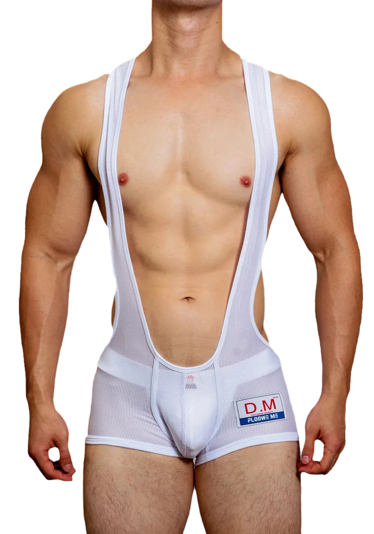 a sexy man in white DM Men’s Powerline Y-Back Mesh Singlet – pridevoyageshop.com – gay men’s harness, lingerie and fetish wear