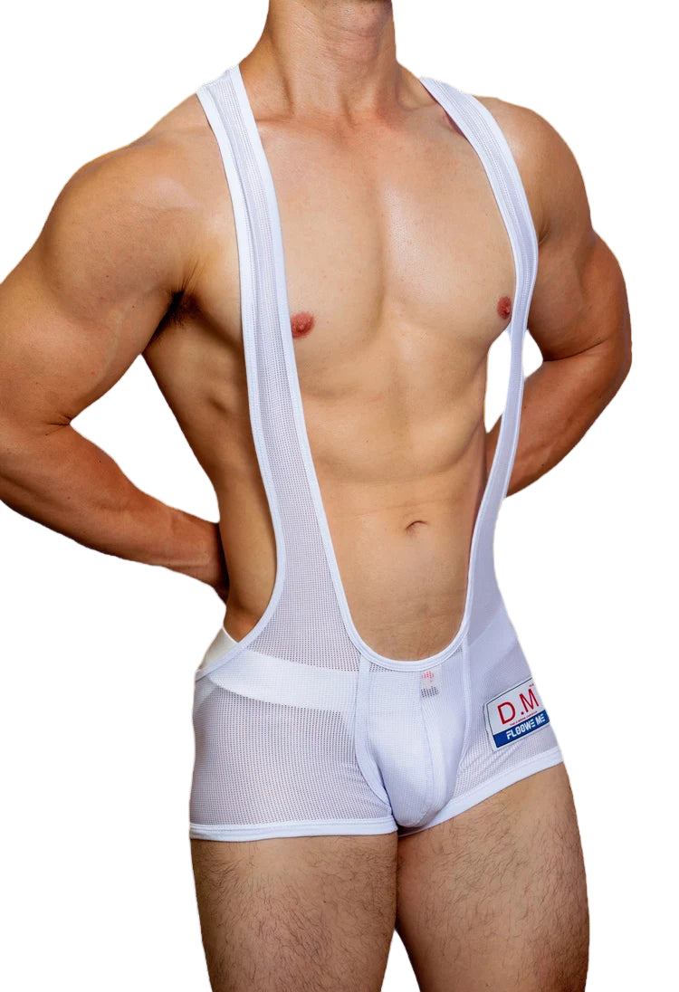 a sexy man in white DM Men’s Powerline Y-Back Mesh Singlet – pridevoyageshop.com – gay men’s harness, lingerie and fetish wear