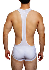 a sexy man in white DM Men’s Powerline Y-Back Mesh Singlet – pridevoyageshop.com – gay men’s harness, lingerie and fetish wear