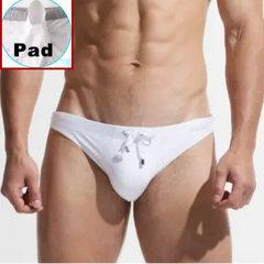 a sexy man in white Desmiit Men’s After Hours Aquatics Briefs with pad - pridevoyageshop.com - gay men’s sexy swim briefs, trunks, board shorts, and bikinis