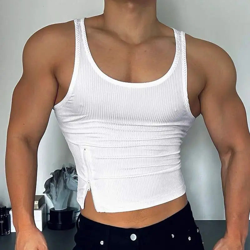 a sexy man in white Easy Out Zip Rib Crop Top - pridevoyageshop.com - gay men’s harness, lingerie and fetish wear