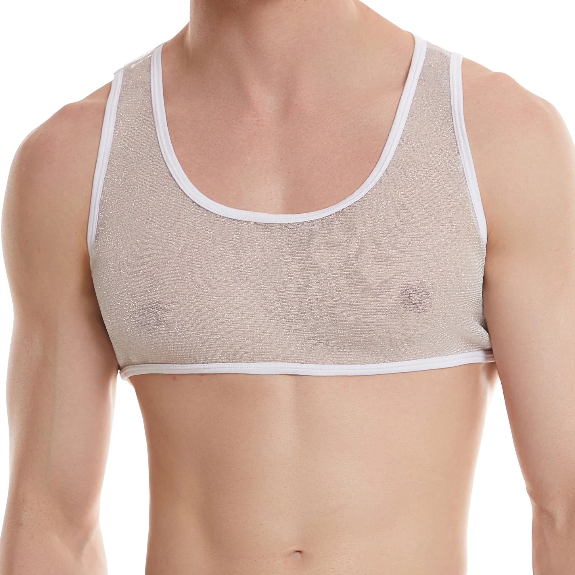 a sexy man in white Fire Island Flicker Micro Crop - pridevoyageshop.com - gay men’s harness, lingerie and fetish wear