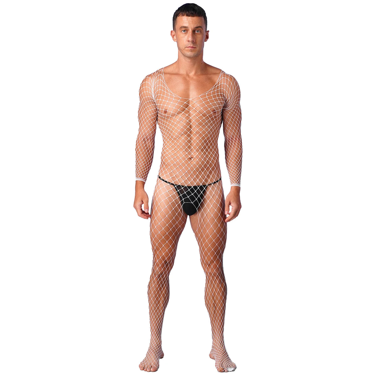a sexy man in white Full Serve Net Bodystocking - pridevoyageshop.com - gay men’s harness, lingerie and fetish wear