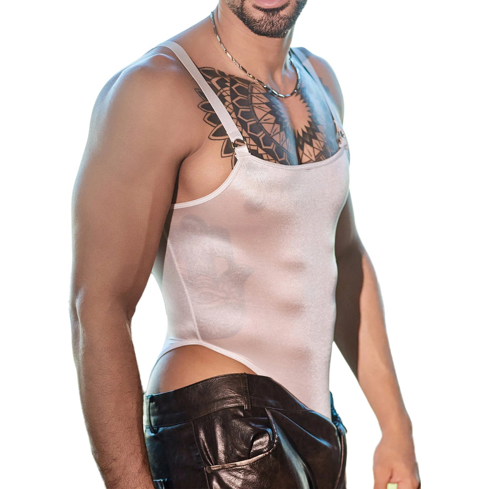 a sexy man in white Glaze Satin Square-Neck Bodysuit – pridevoyageshop.com – gay men’s harness, lingerie and fetish wear