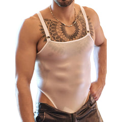 a sexy man in white Glaze Satin Square-Neck Bodysuit – pridevoyageshop.com – gay men’s harness, lingerie and fetish wear