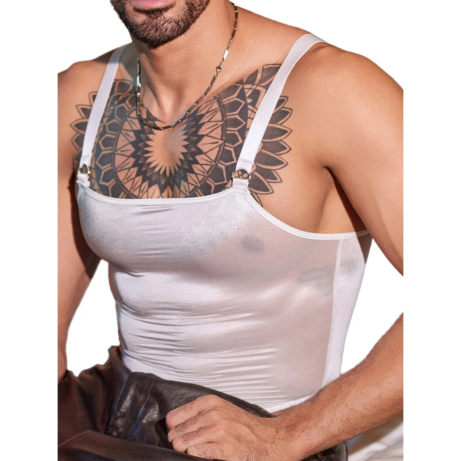 a sexy man in white Glaze Satin Square-Neck Bodysuit – pridevoyageshop.com – gay men’s harness, lingerie and fetish wear