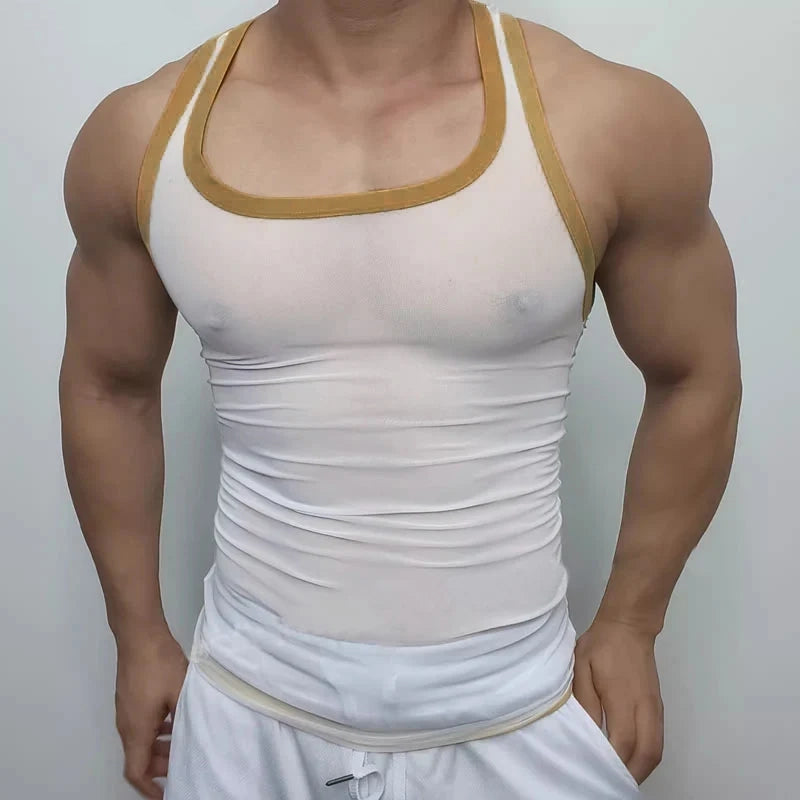 a sexy man in white Gogo Glaze Mesh Top – pridevoyageshopcom – gay mens clubwear mesh tanks crop tops fashion tops partywear activewear