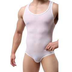 a sexy man in white HotBod Classic Tank Bodysuit showing defined torso, tank-cut straps and snug bulge fit – pridevoyageshop.com – gay men’s harness, lingerie and fetish wear